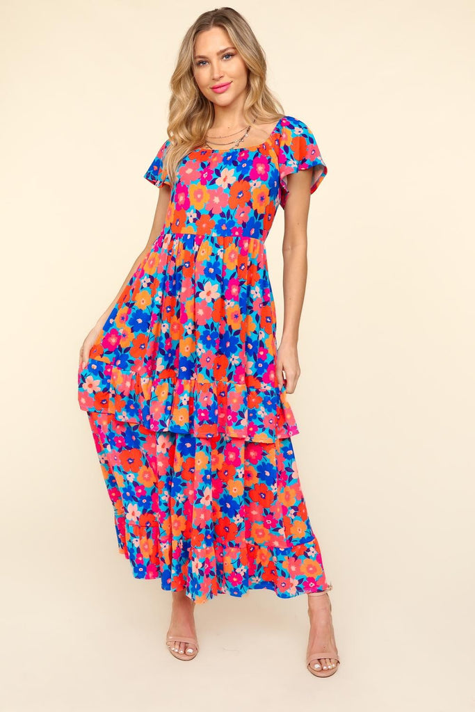 Haptics Floral Maxi Ruffled Dress with Side Pockets in Blue / Orange