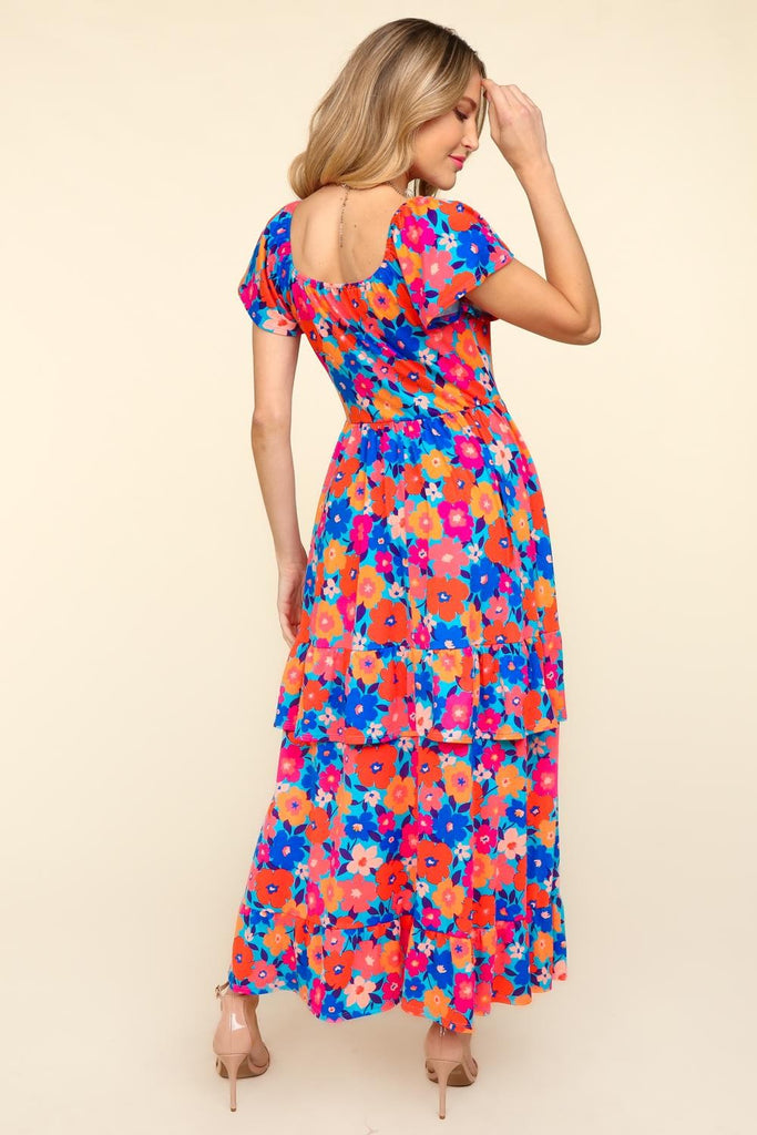 Haptics Floral Maxi Ruffled Dress with Side Pockets in Blue / Orange