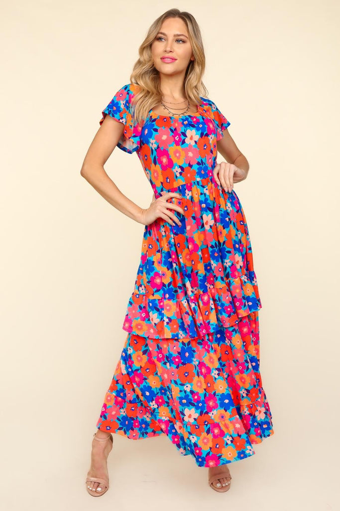 Haptics Floral Maxi Ruffled Dress with Side Pockets in Blue / Orange