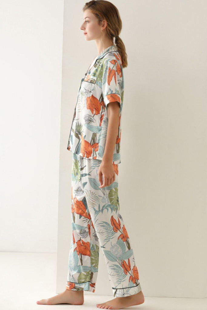 Botanical Print Button-Up Top and Pants Pajama Set - Tropical Daze