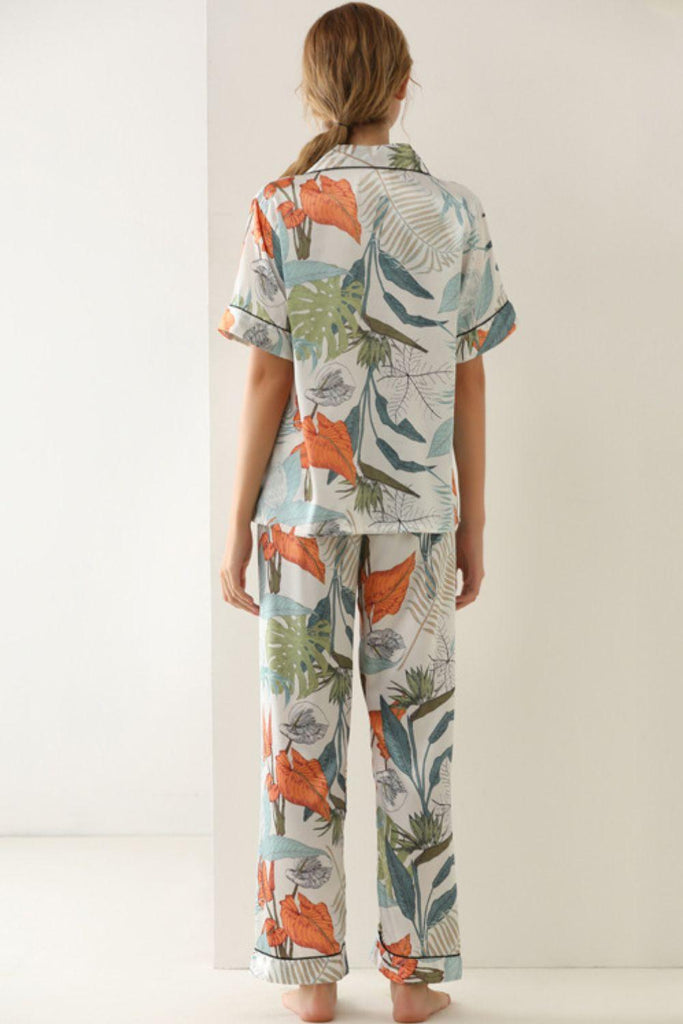Botanical Print Button-Up Top and Pants Pajama Set - Tropical Daze