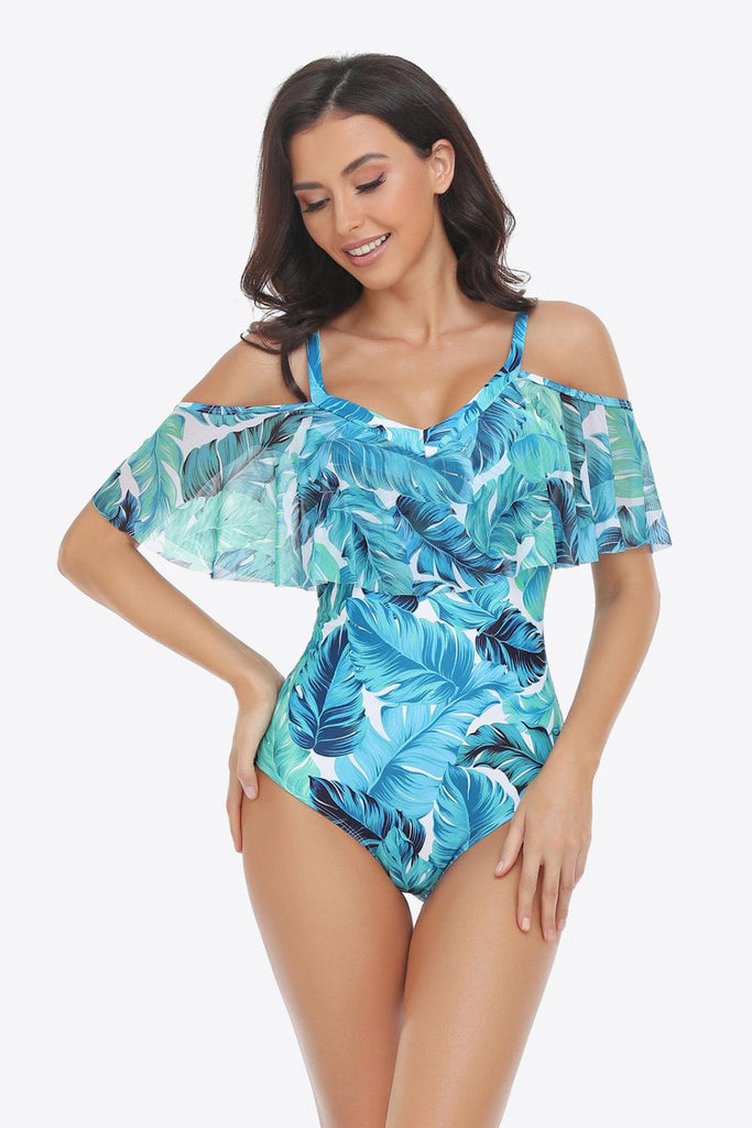 Botanical Print Cold-Shoulder Layered One-Piece Swimsuit - Tropical Daze