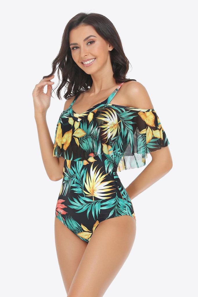 Botanical Print Cold-Shoulder Layered One-Piece Swimsuit - Tropical Daze