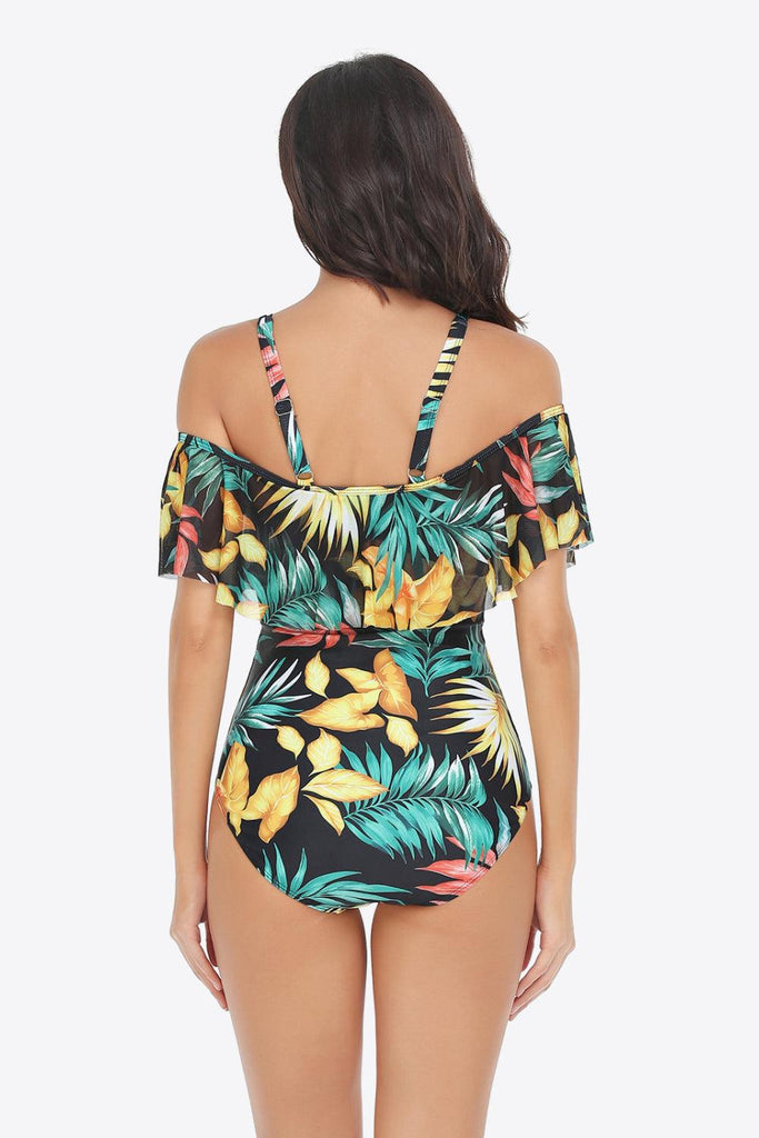 Botanical Print Cold-Shoulder Layered One-Piece Swimsuit - Tropical Daze