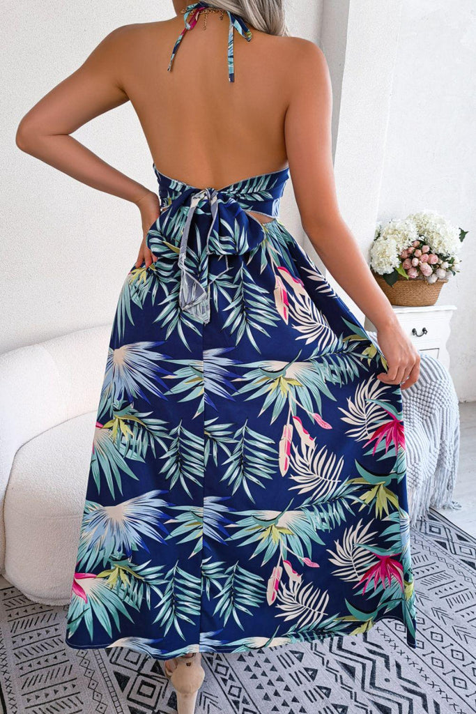 Botanical Print Tied Backless Cutout Slit Dress - Tropical Daze
