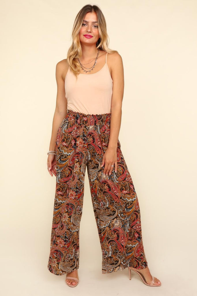 Haptics Smocked Waist Paisley Print Pants in Black