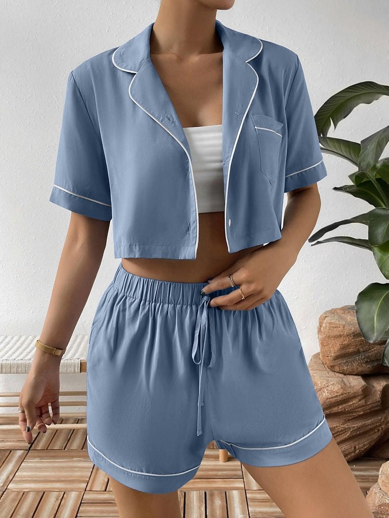 Contrast Lapel Collar Cropped Shirt and Shorts Lounge Set - Tropical Daze