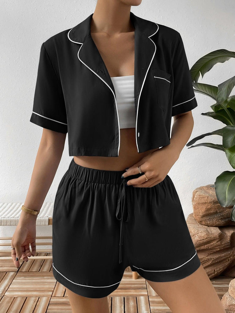 Contrast Lapel Collar Cropped Shirt and Shorts Lounge Set - Tropical Daze