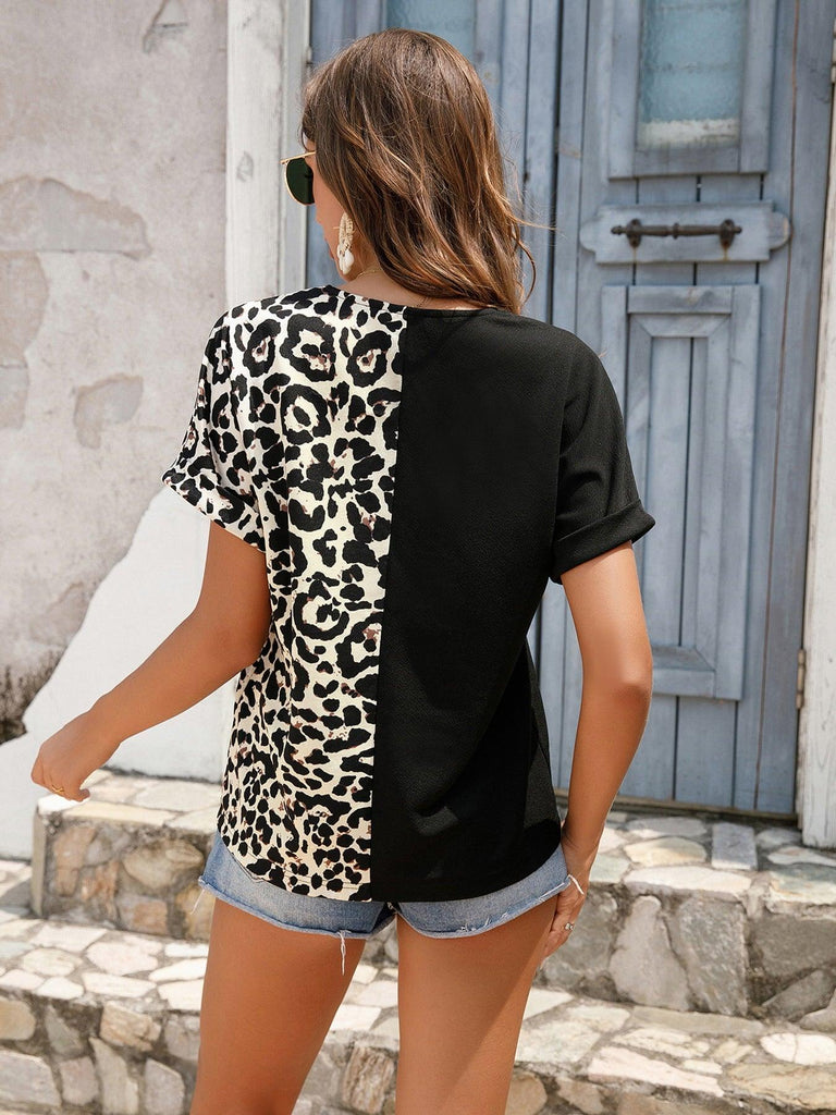Contrast Leopard Print Short Sleeve V-Neck Tee - Tropical Daze