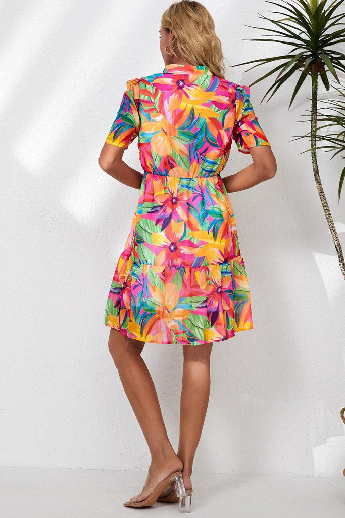 Floral Notched Neck Short Sleeve Dress - Tropical Daze