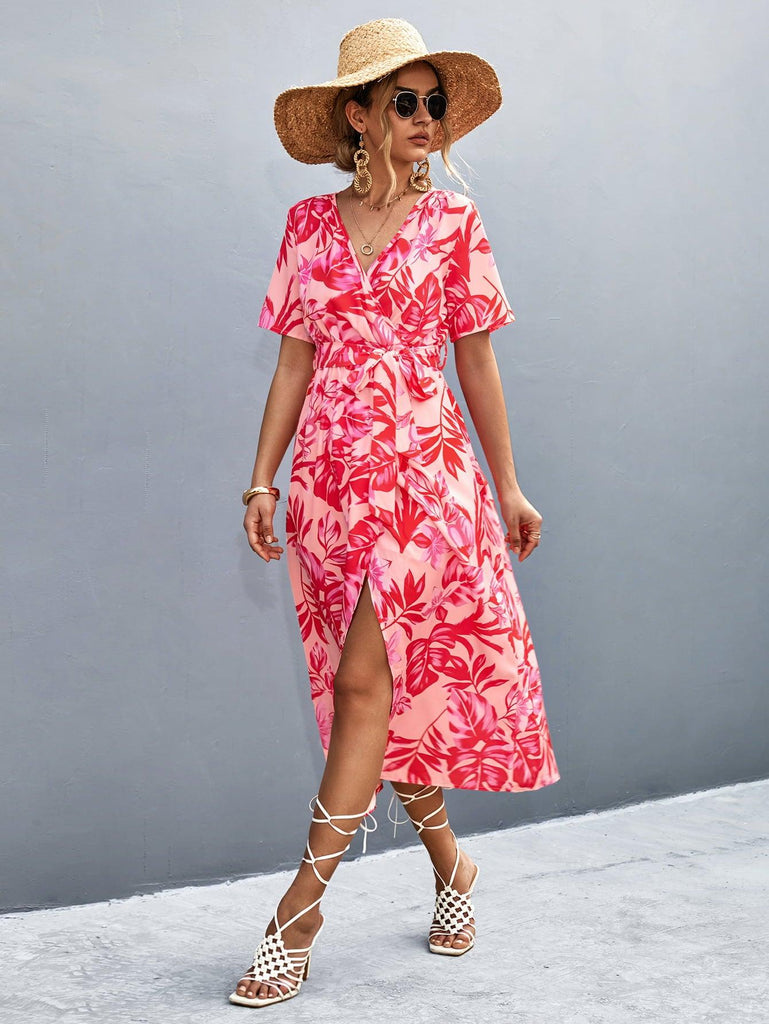 Floral Print High Slit Surplice Neck Tie Waist Midi Dress - Tropical Daze