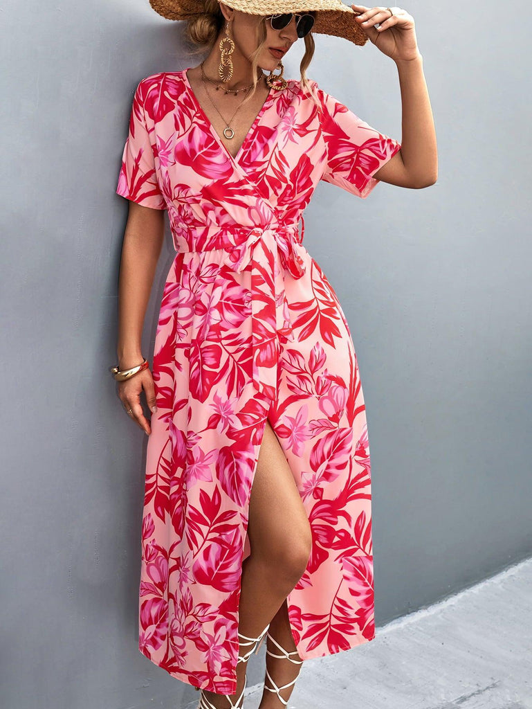 Floral Print High Slit Surplice Neck Tie Waist Midi Dress - Tropical Daze