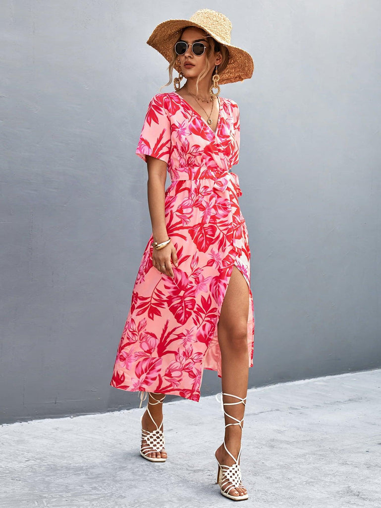 Floral Print High Slit Surplice Neck Tie Waist Midi Dress - Tropical Daze