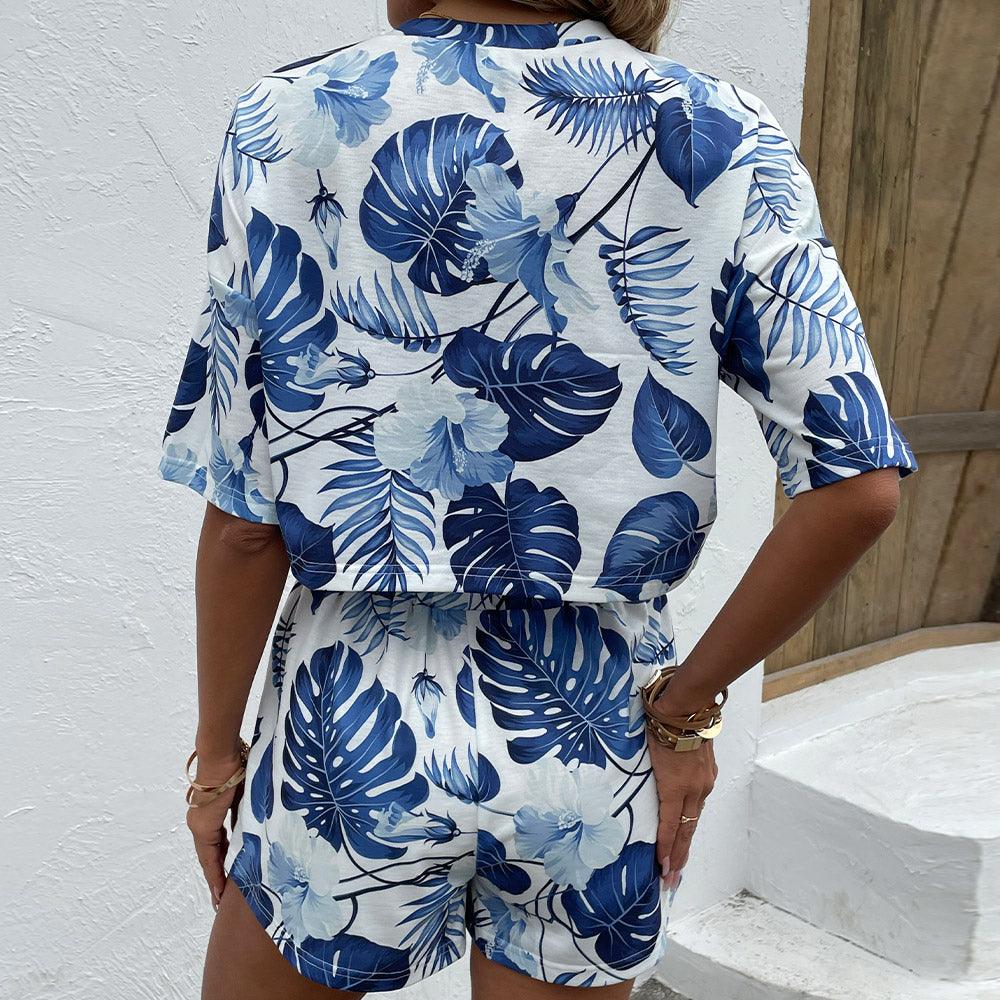 Floral Print Round Neck Dropped Shoulder Top and Shorts Set - Tropical Daze