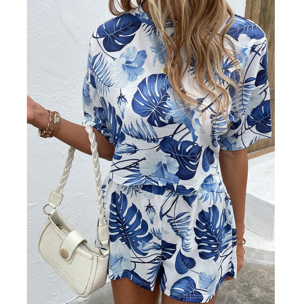 Floral Print Round Neck Dropped Shoulder Top and Shorts Set - Tropical Daze