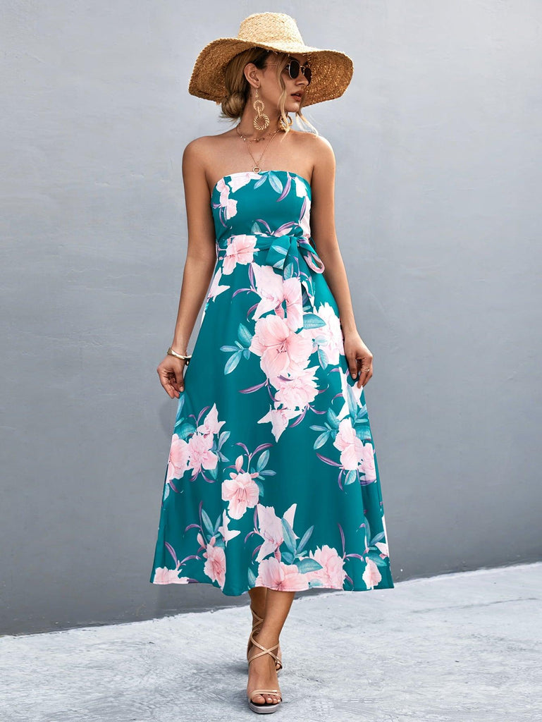 Floral Print Tie Waist Straight Neck Midi Dress - Tropical Daze