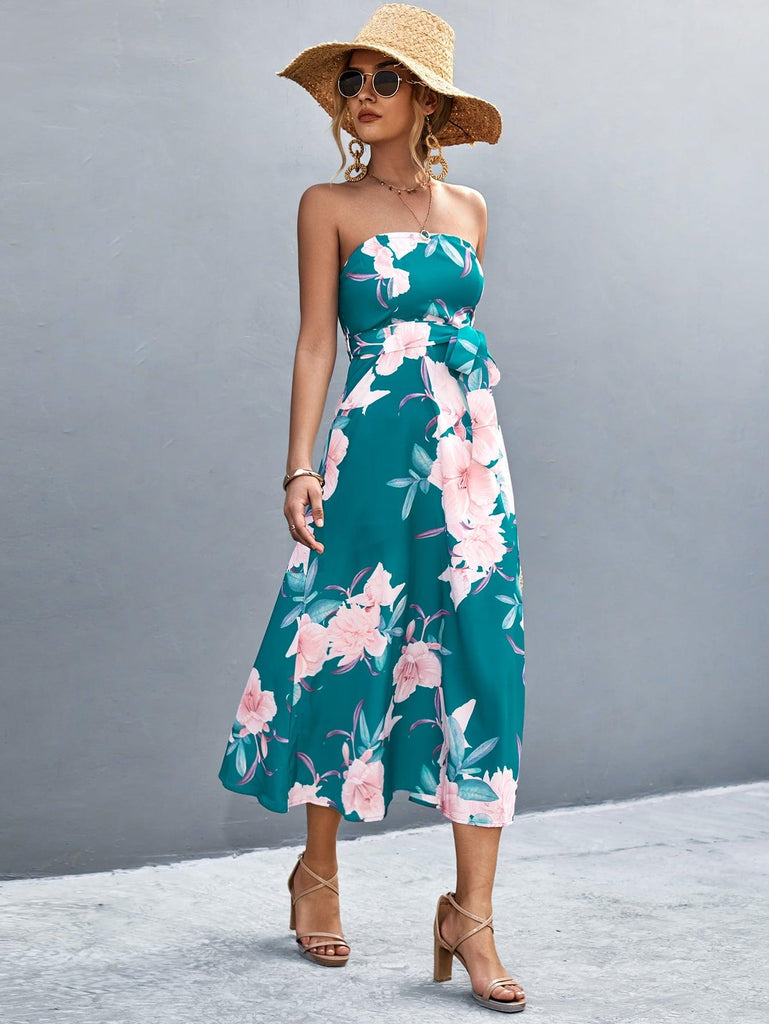 Floral Print Tie Waist Straight Neck Midi Dress - Tropical Daze