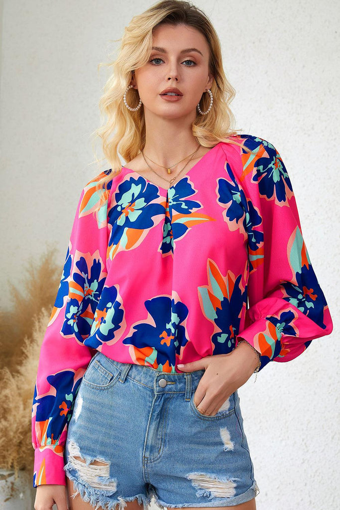 Floral Print V-Neck Lantern Sleeve Blouse - Tropical Daze