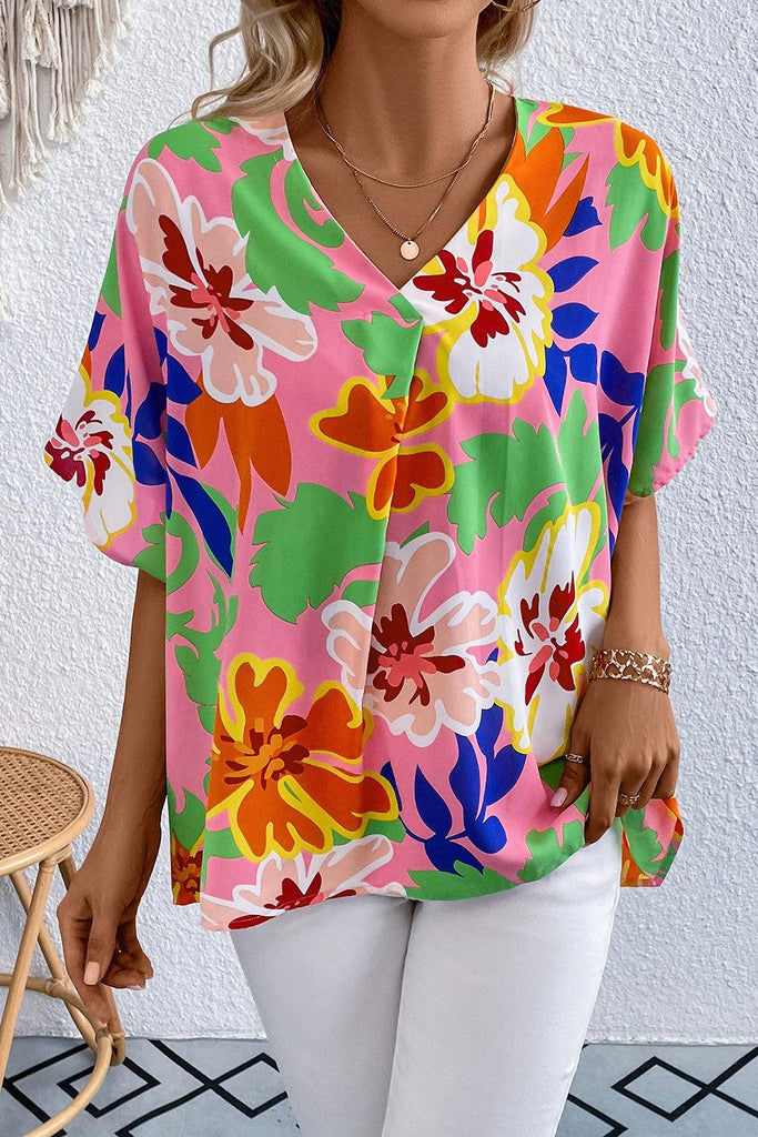 Floral Print V-Neck Short Raglan Sleeve Blouse - Tropical Daze