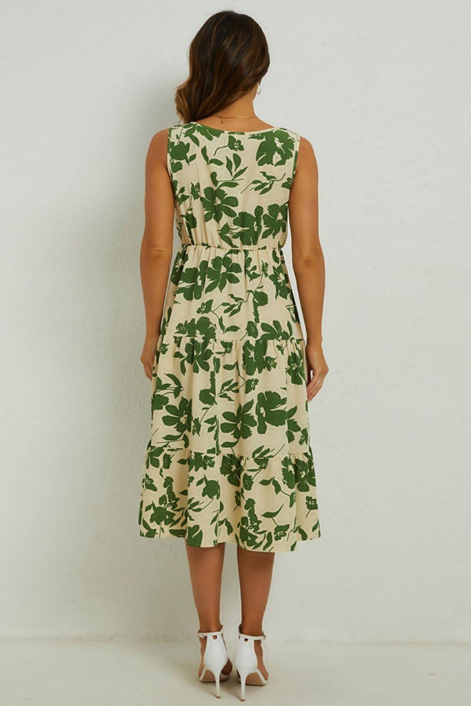 Floral Round Neck Tiered Sleeveless Dress - Tropical Daze