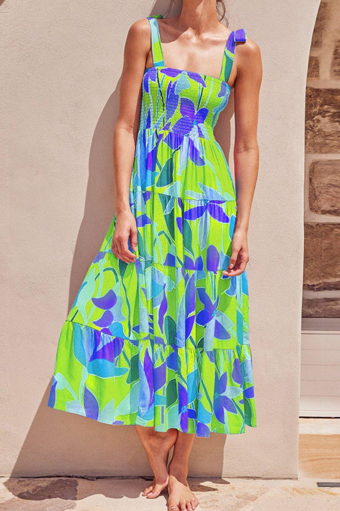 Floral Tie-Shoulder Smocked Midi Dress - Tropical Daze