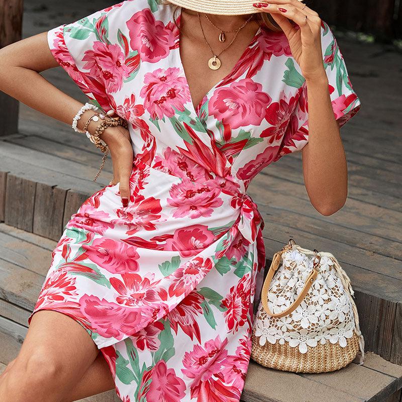 Floral Tied Short Sleeve Mini Dress - Tropical Daze