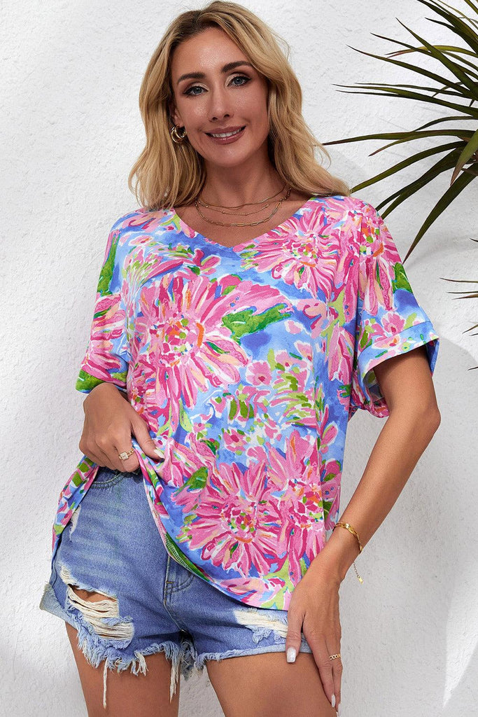 Floral V-Neck Short Sleeve Blouse - Tropical Daze