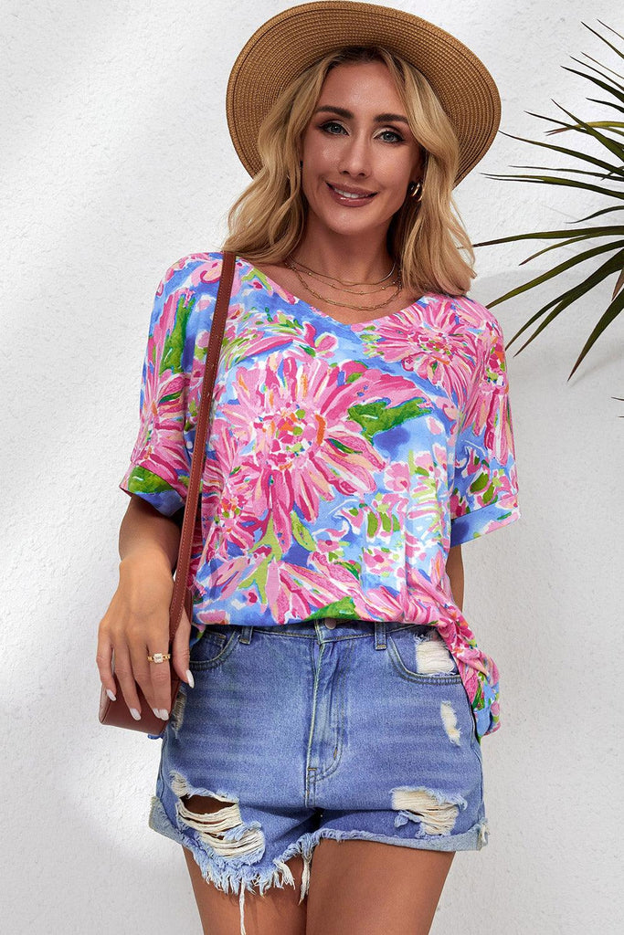 Floral V-Neck Short Sleeve Blouse - Tropical Daze