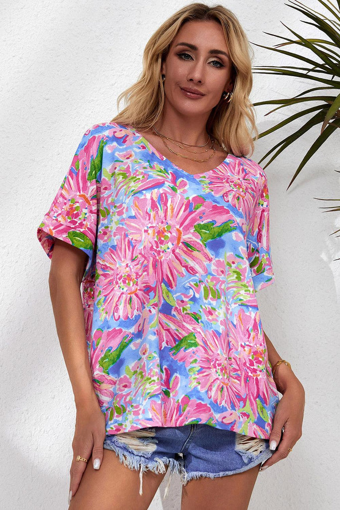 Floral V-Neck Short Sleeve Blouse - Tropical Daze