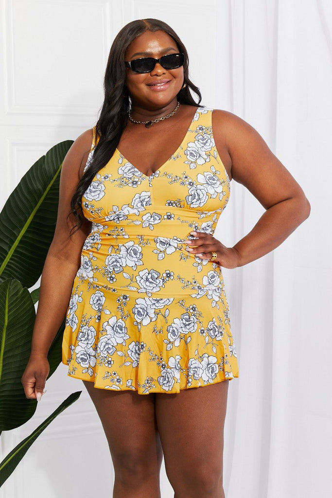 Marina West Swim Clear Waters Swim Dress in Mustard - Tropical Daze