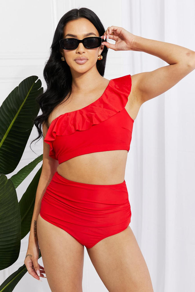 Marina West Swim Seaside Romance Ruffle One-Shoulder Bikini in Red - Tropical Daze