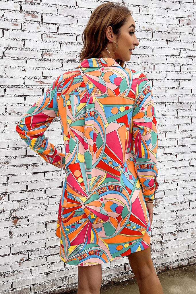 Multicolored Long Sleeve Shirt Dress - Tropical Daze