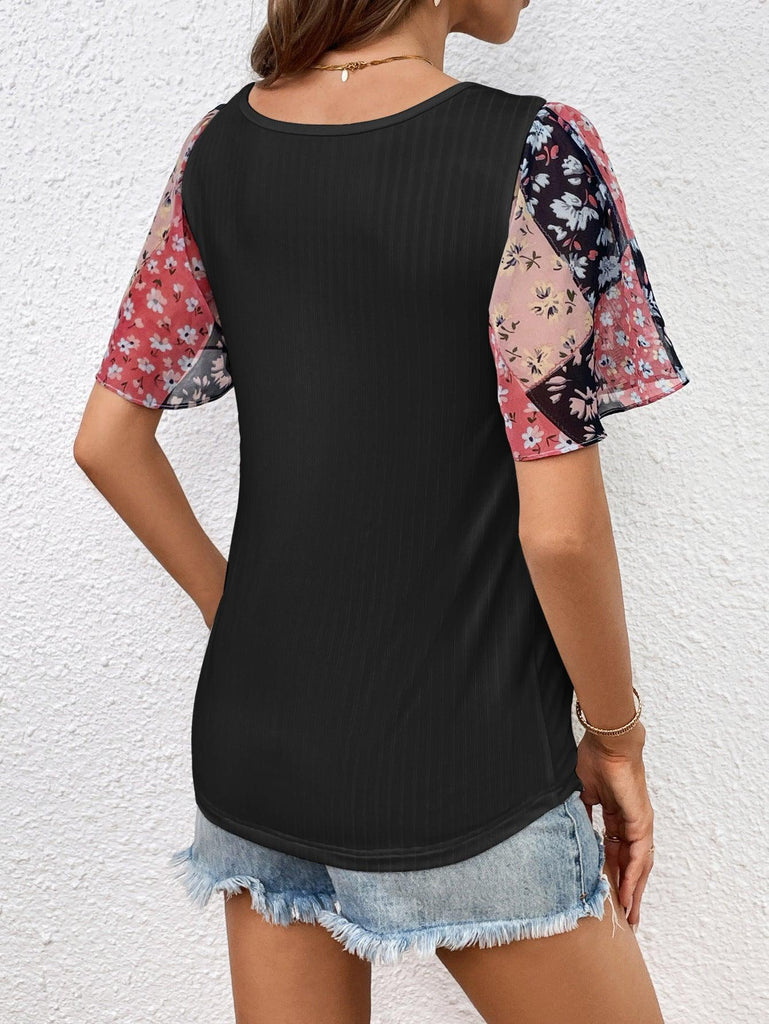 Printed Puff Sleeve Round Neck Tee - Tropical Daze