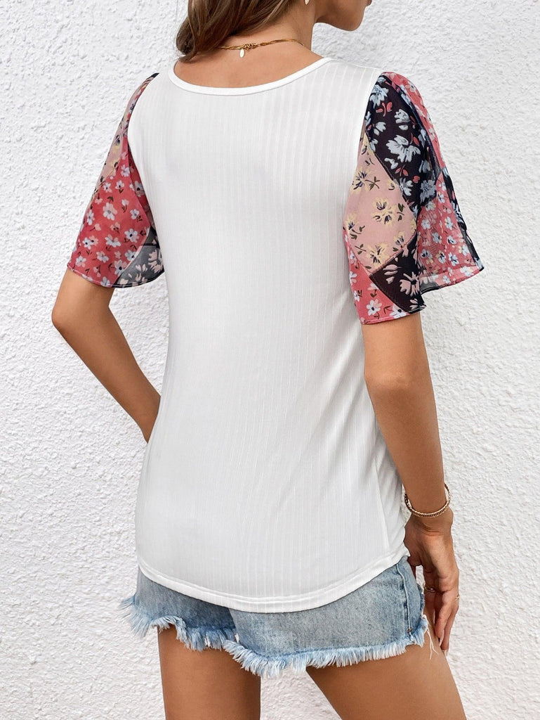 Printed Puff Sleeve Round Neck Tee - Tropical Daze