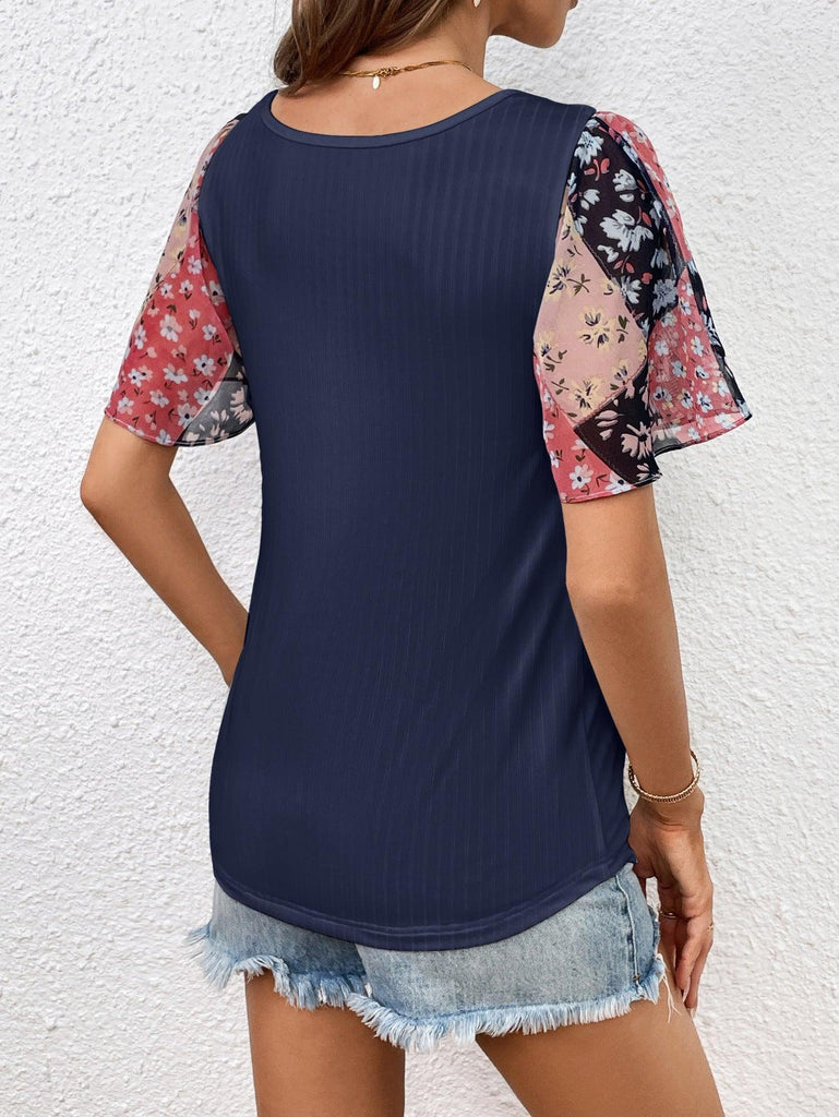 Printed Puff Sleeve Round Neck Tee - Tropical Daze