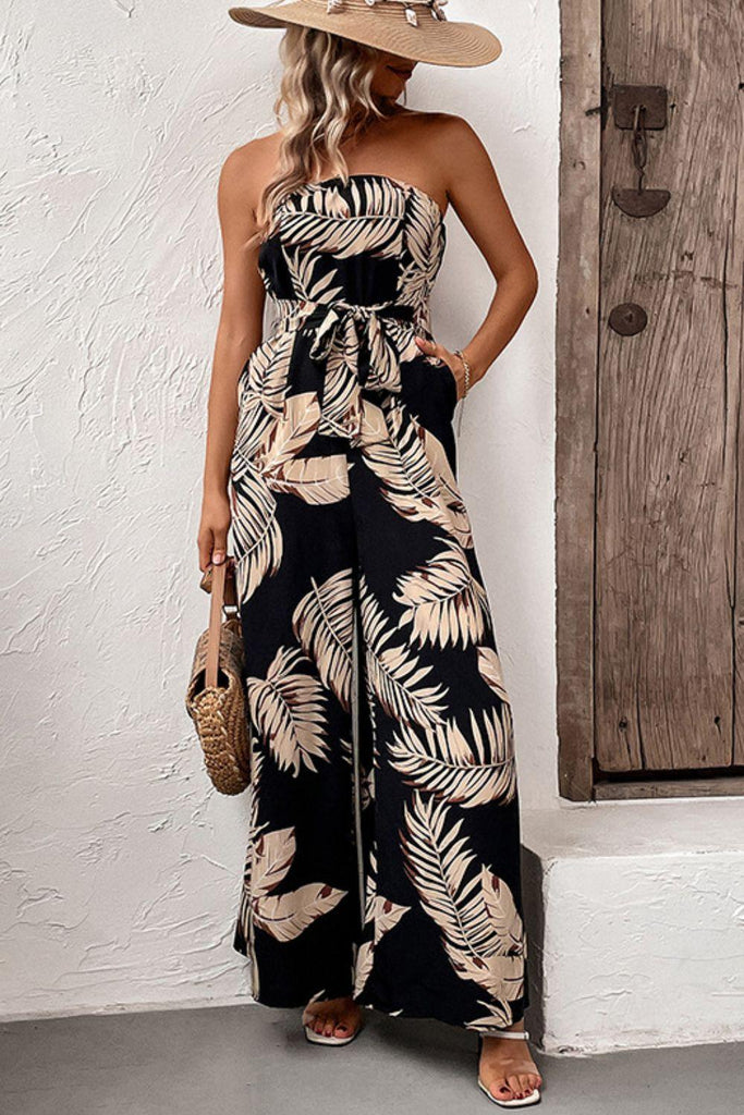 Printed Strapless Wide Leg Jumpsuit with Pockets - Tropical Daze