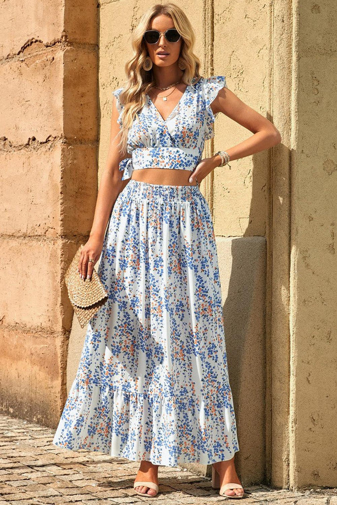 Printed Tie Back Cropped Top and Maxi Skirt Set - Tropical Daze