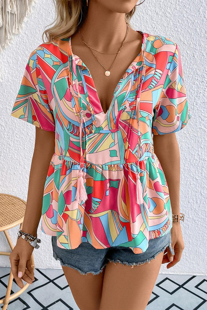 Printed Tie Neck Short Sleeve Blouse - Tropical Daze