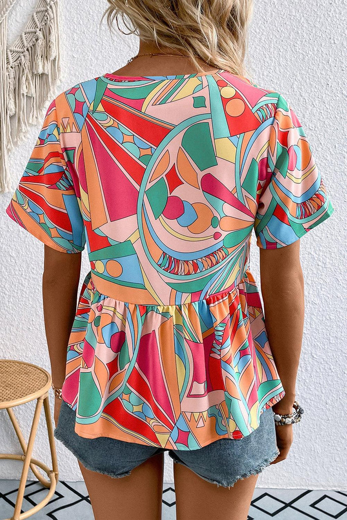 Printed Tie Neck Short Sleeve Blouse - Tropical Daze