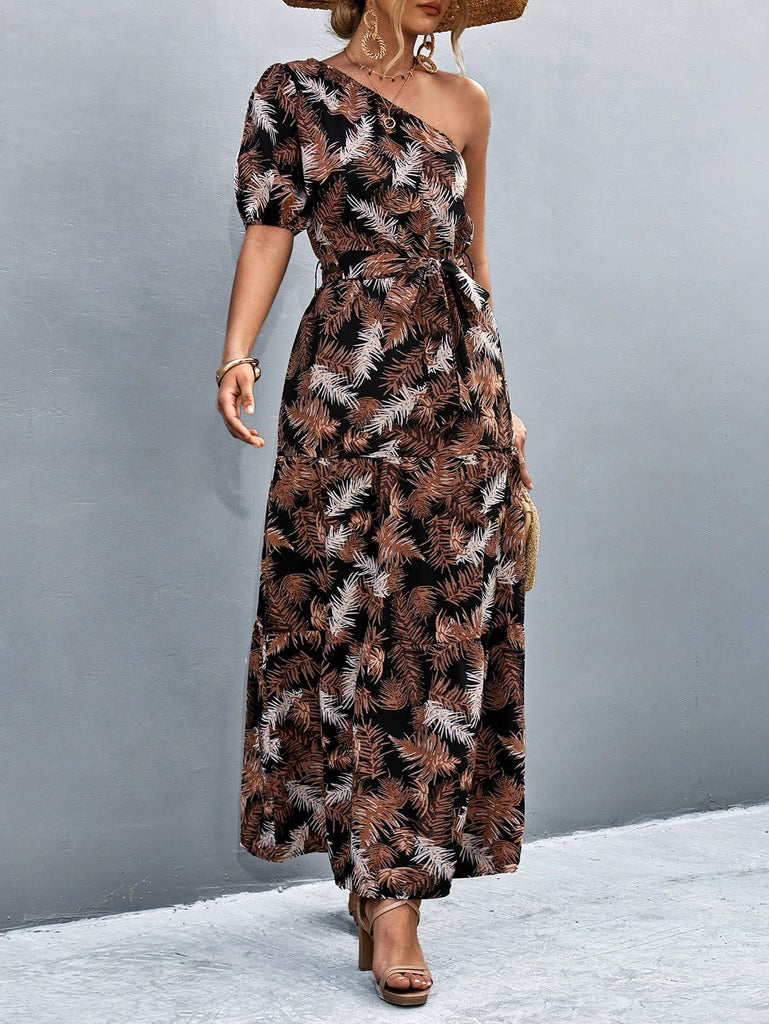 Printed Tie Waist One Shoulder Maxi Dress - Tropical Daze