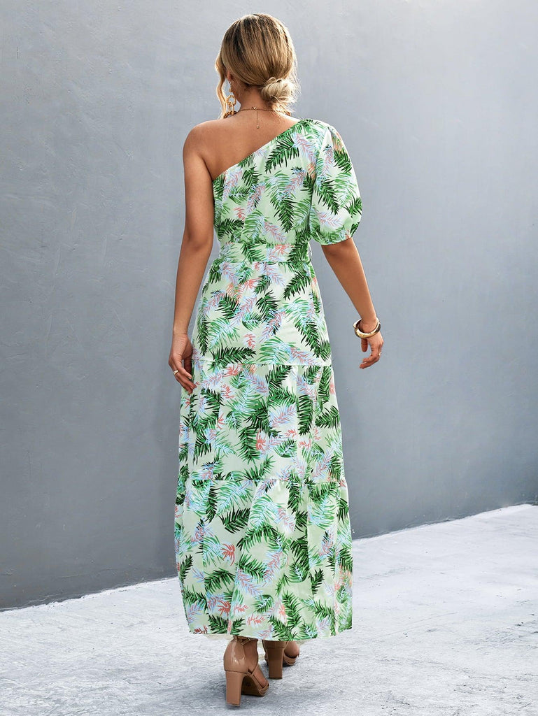 Printed Tie Waist One Shoulder Maxi Dress - Tropical Daze