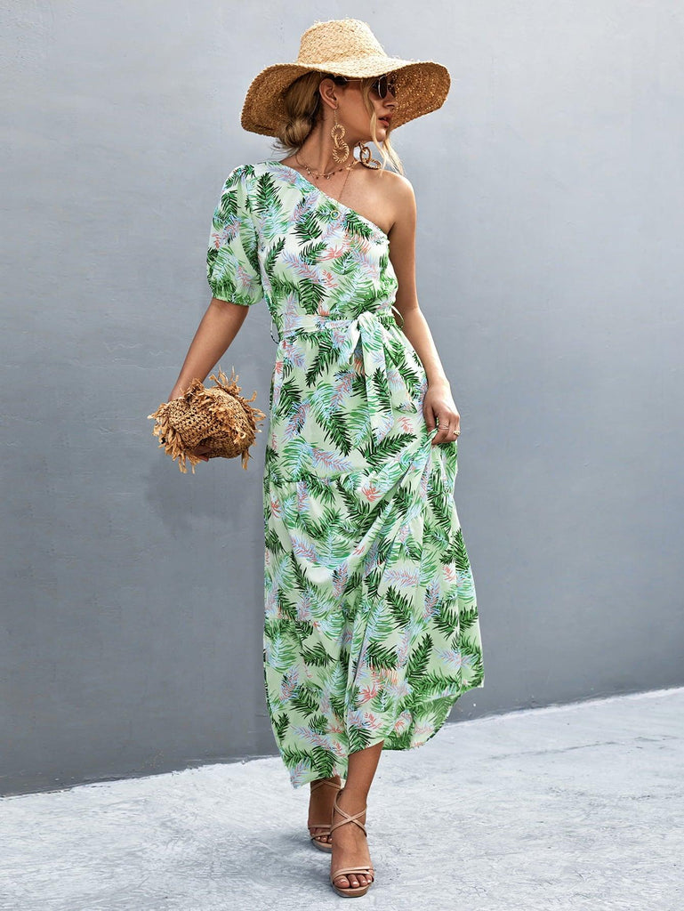 Printed Tie Waist One Shoulder Maxi Dress - Tropical Daze