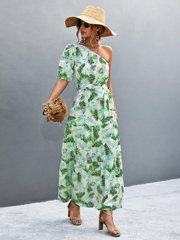 Printed Tie Waist One Shoulder Maxi Dress - Tropical Daze