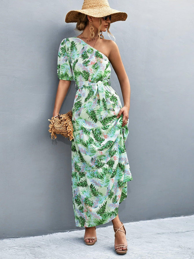 Printed Tie Waist One Shoulder Maxi Dress - Tropical Daze