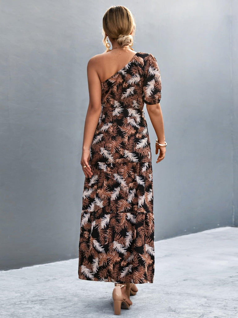 Printed Tie Waist One Shoulder Maxi Dress - Tropical Daze