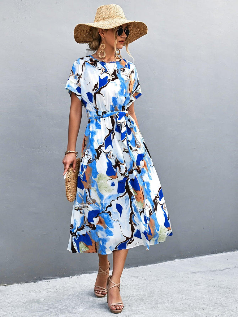 Round Neck Short Sleeve Tie Waist Midi Dress - Tropical Daze