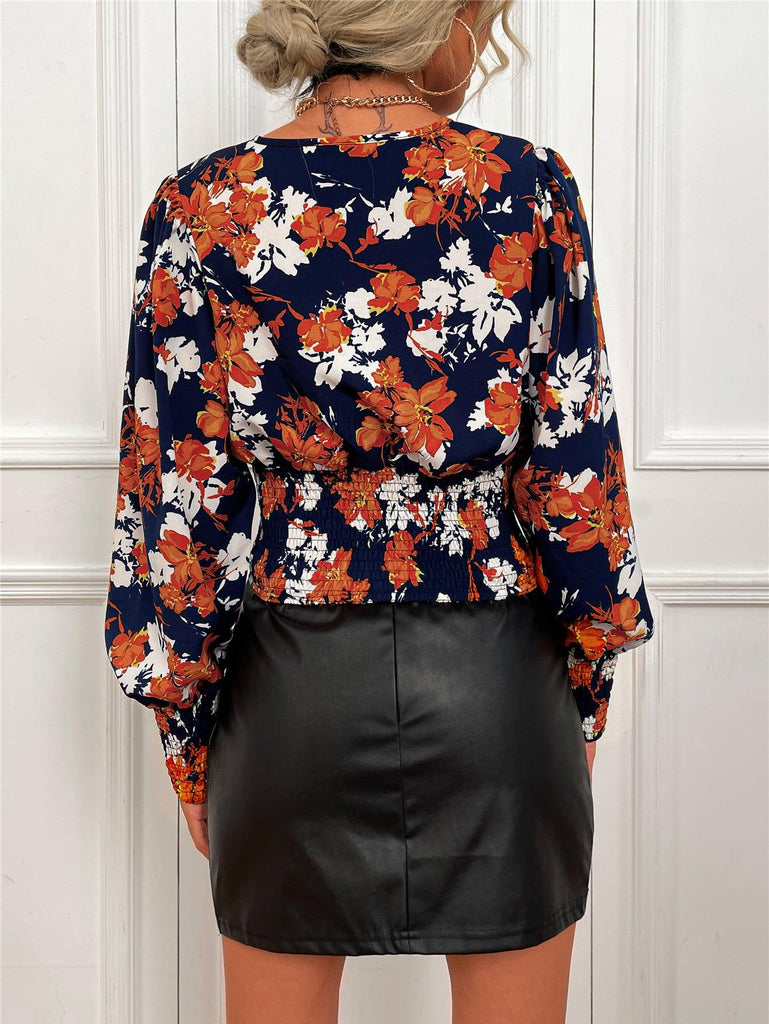 Smocked Floral Print V-Neck Lantern Sleeve Blouse - Tropical Daze