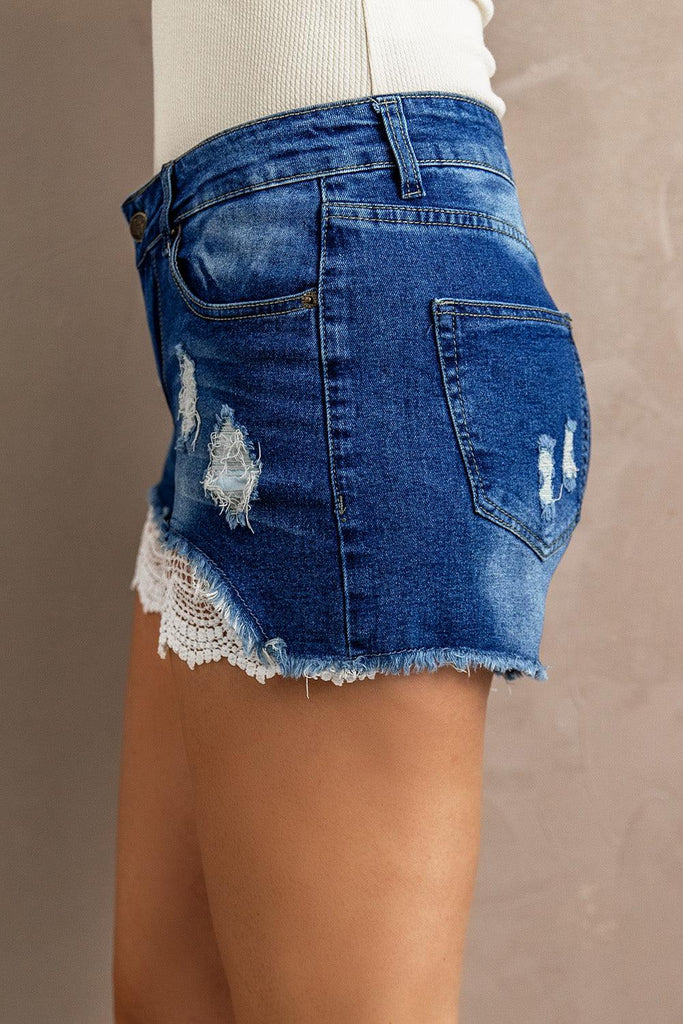 Spliced Lace Distressed Denim Shorts - Tropical Daze