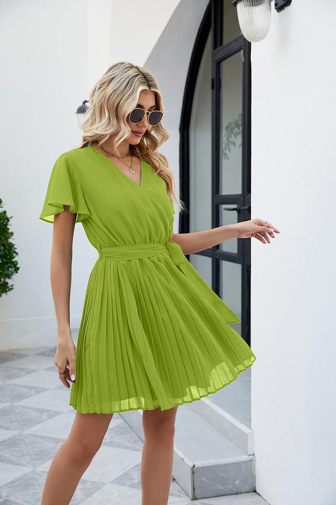 Surplice Neck Tie Waist Flutter Sleeve Pleated Dress - Tropical Daze