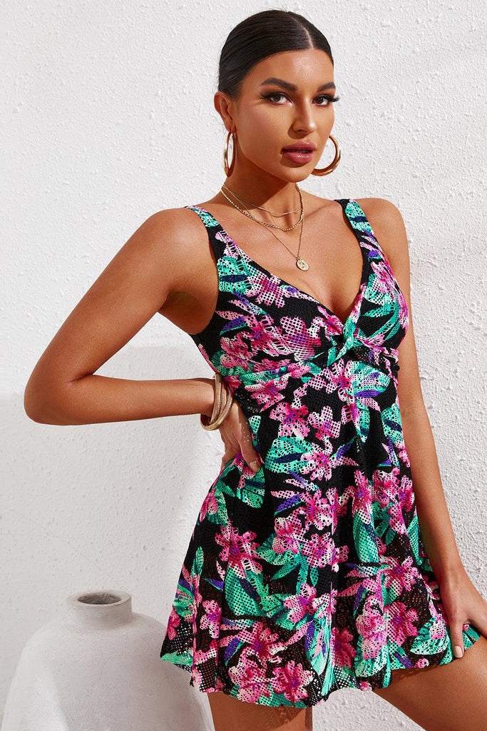 Twist Front Sleeveless Swim Dress - Tropical Daze